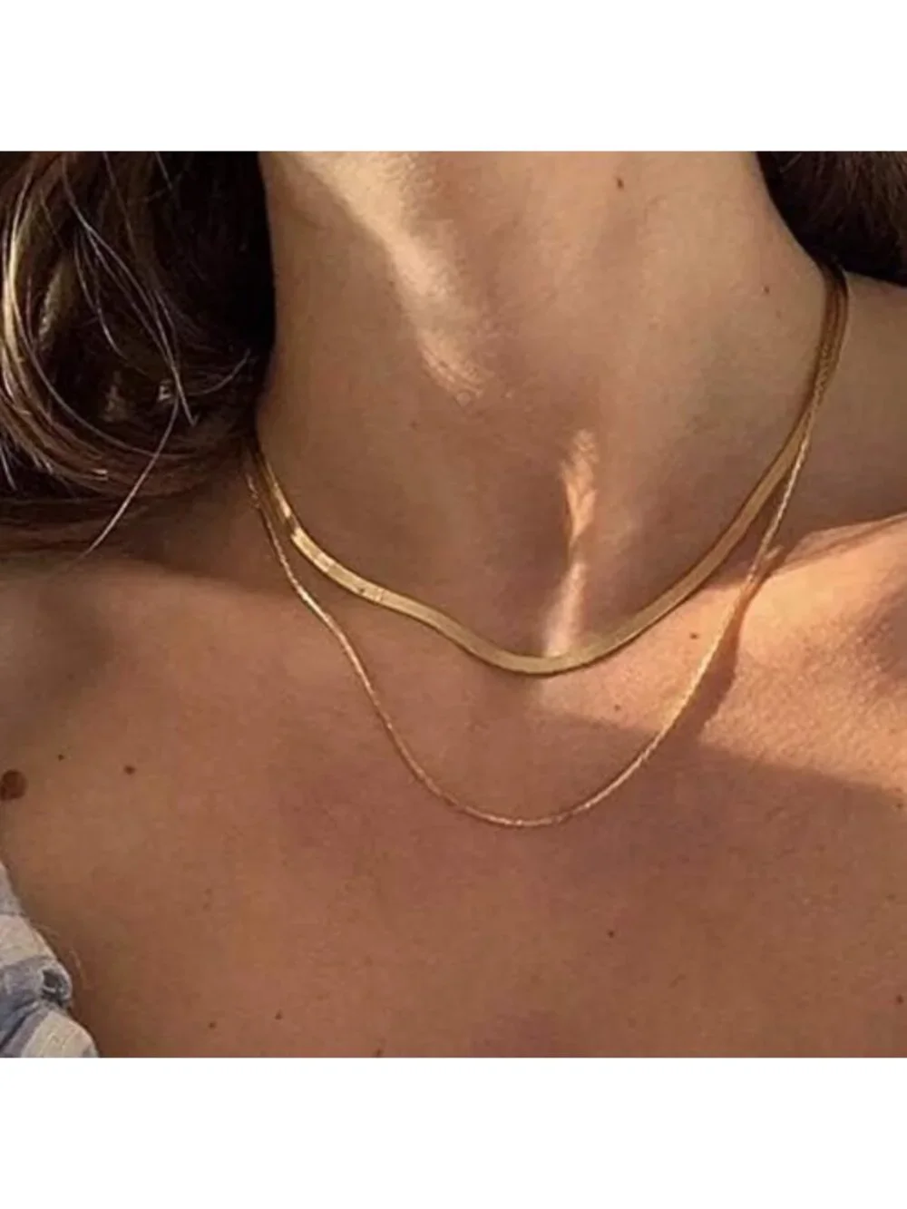 18K Gold Plated Double Herringbone Chain Necklace - Minimalist Layering Jewelry